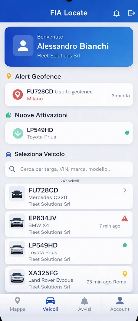Elenco e ricerca veicoli in FIA Locate